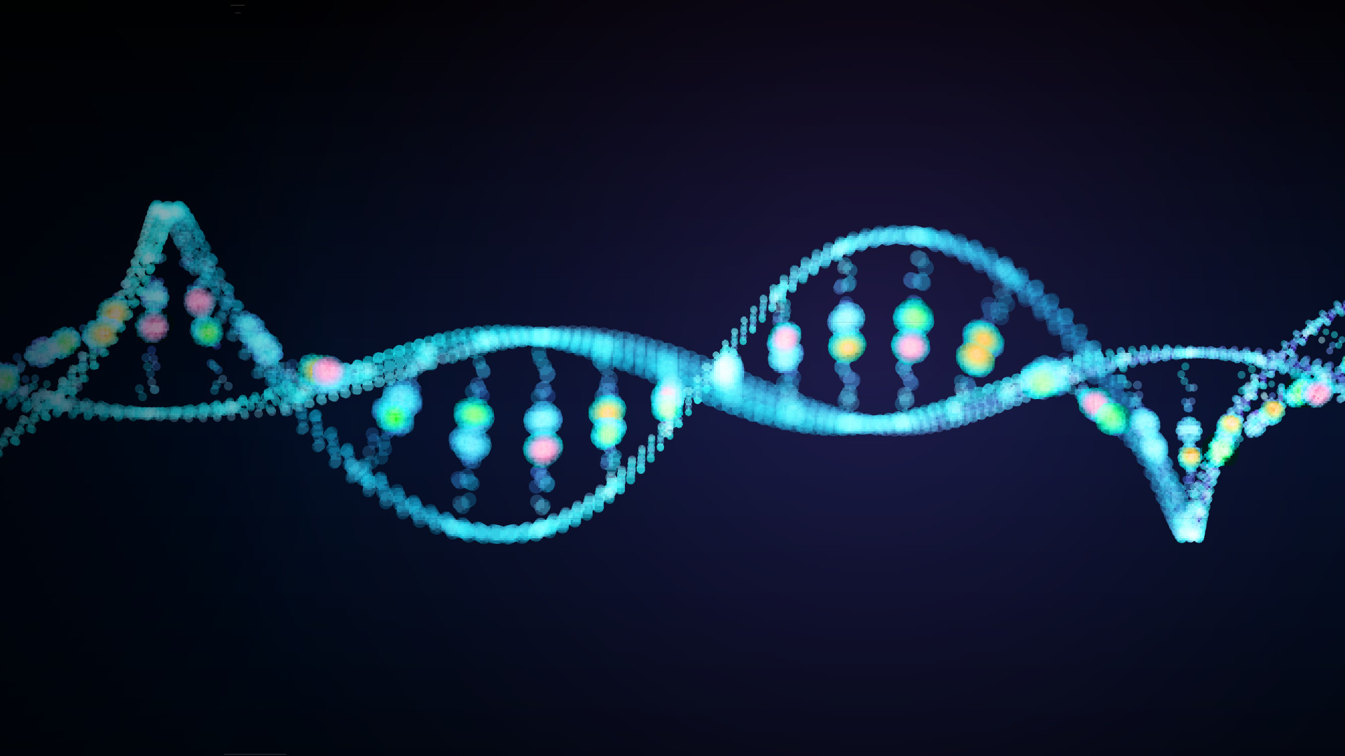 Abstract illustration of a glowing DNA double helix made of blue and multicolored light particles on a dark background.