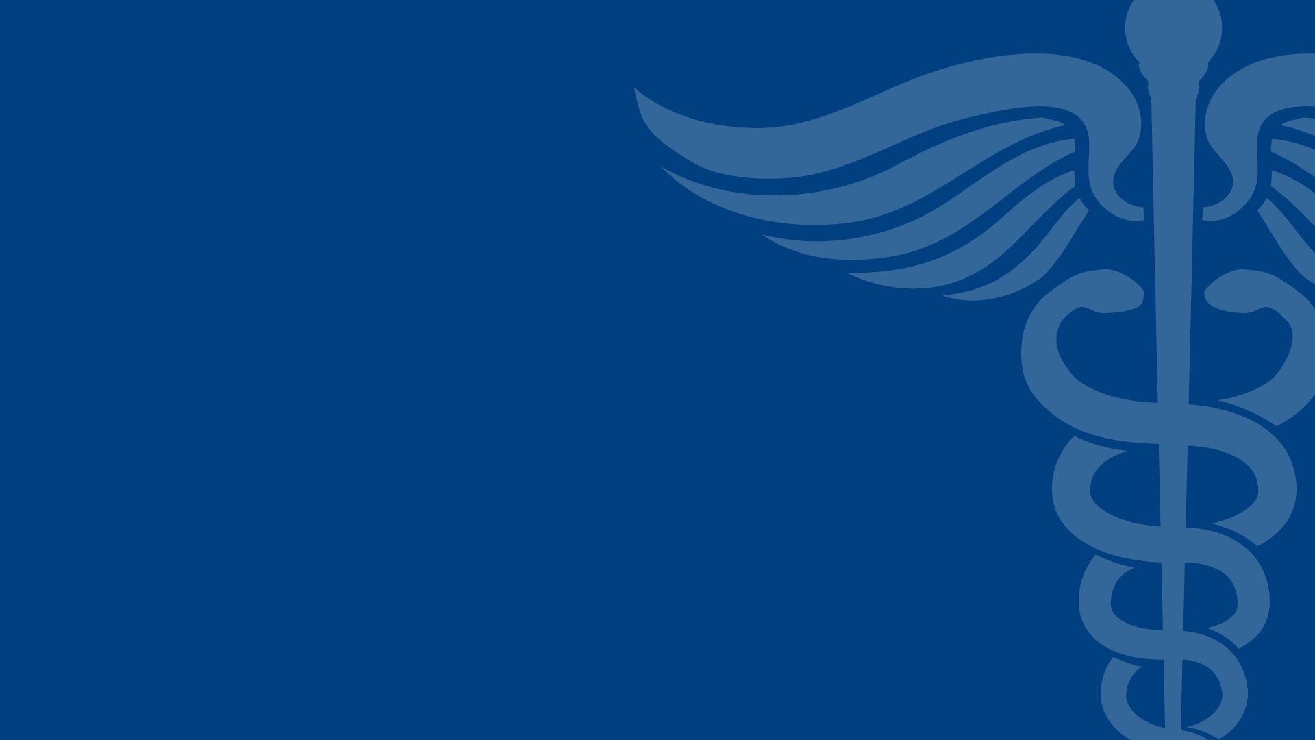 A dark blue background featuring a large, light blue Caduceus symbol—a winged staff with two entwined snakes—positioned on the right side.