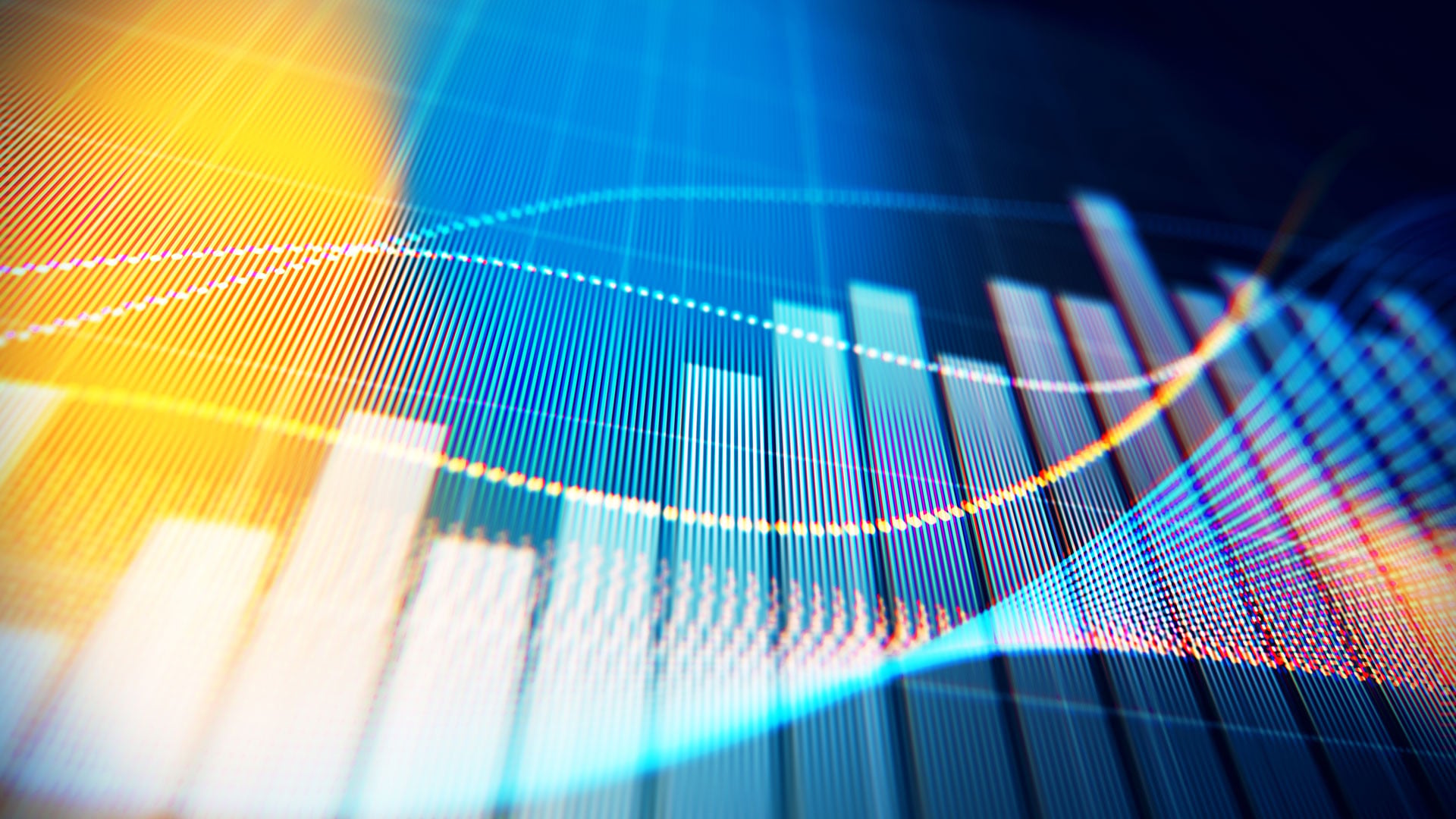 Financial data visualization with colorful bar charts and curved lines on digital display