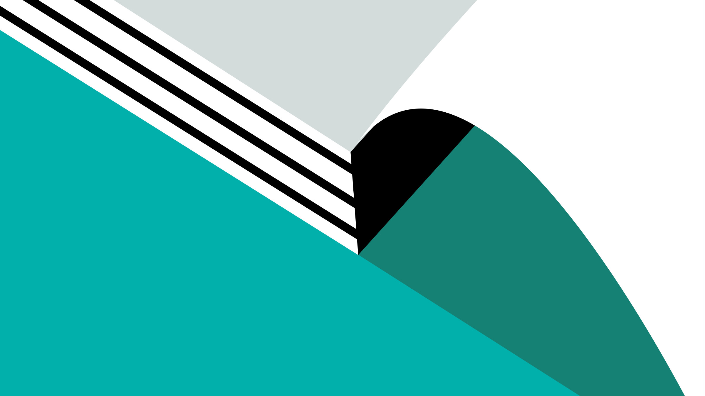 Minimalist graphic with teal curved shapes, black circle, and white diagonal lines