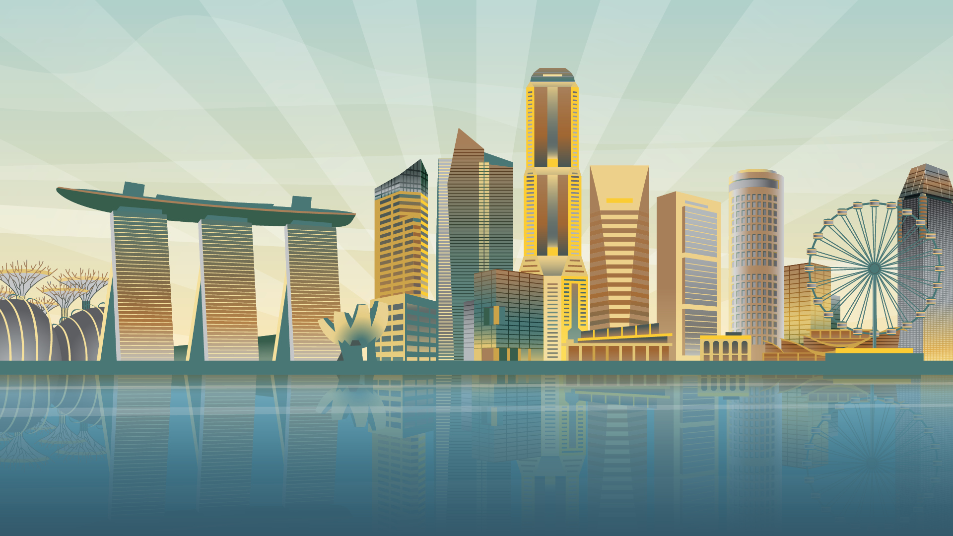 Illustrated Singapore skyline with tall buildings reflected in calm blue water under a cloudy sky