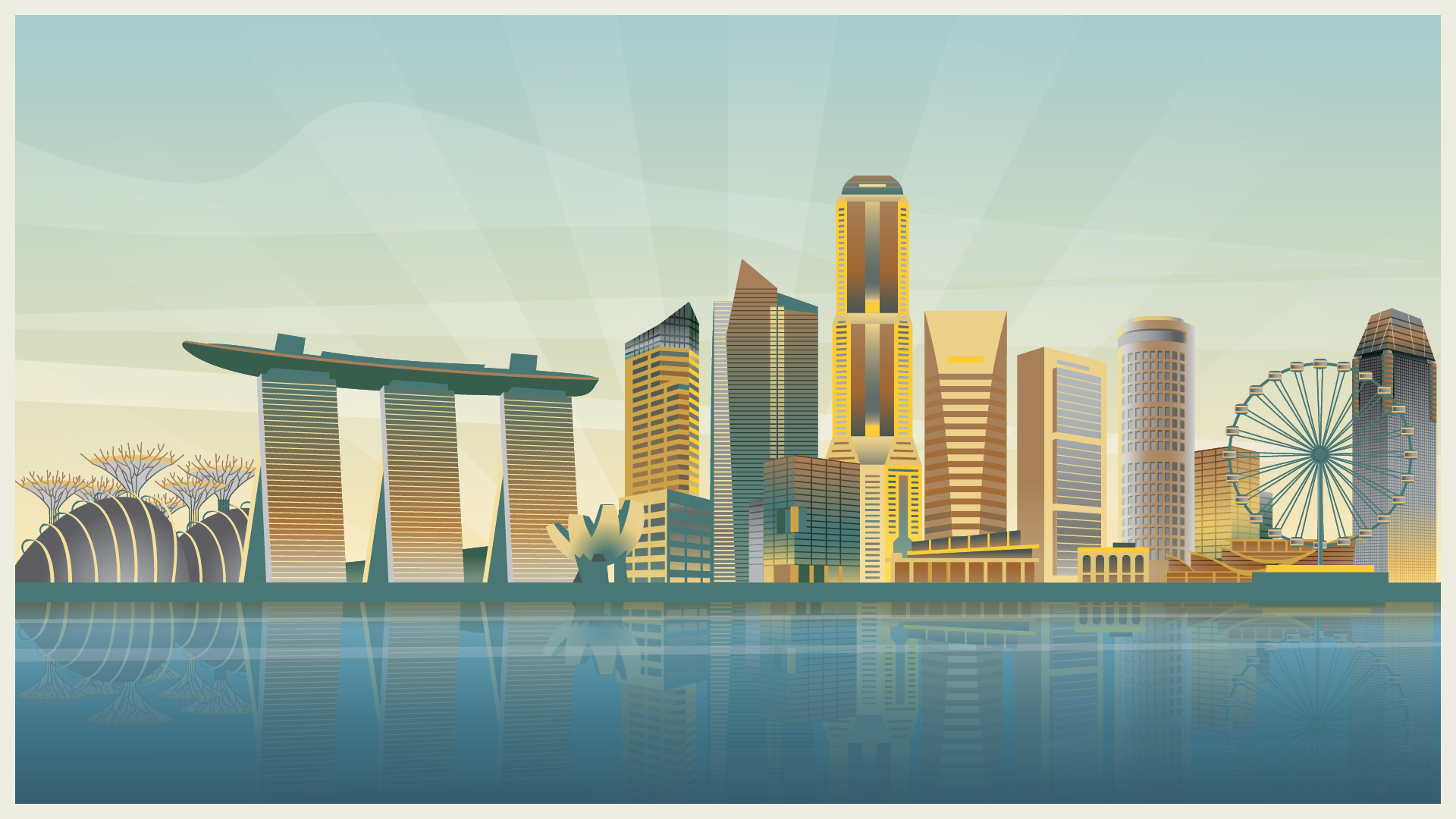 Illustrated Singapore skyline with tall buildings reflected in blue water under clear sky