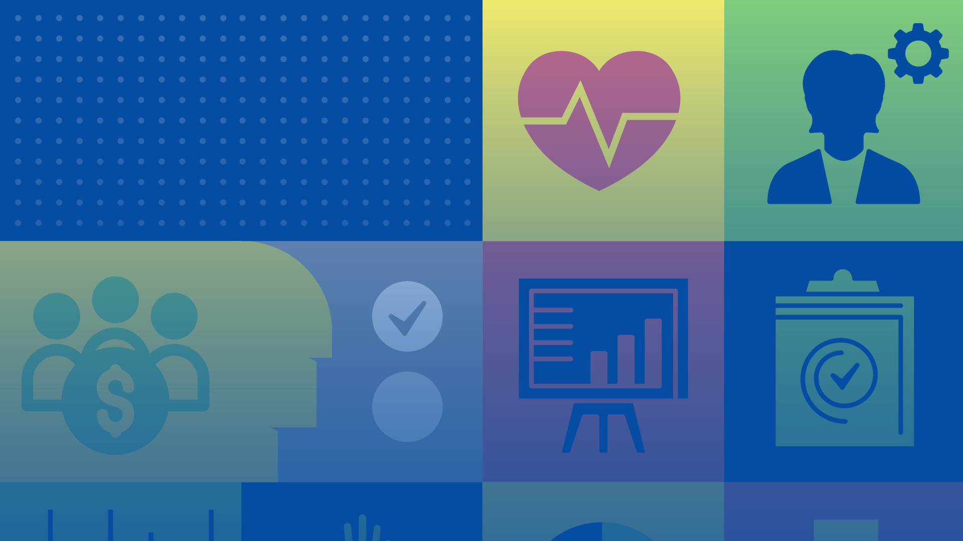 Grid of healthcare icons including heartbeat monitor, patient profile, medical team, bar chart, and stethoscope in blue and green tones