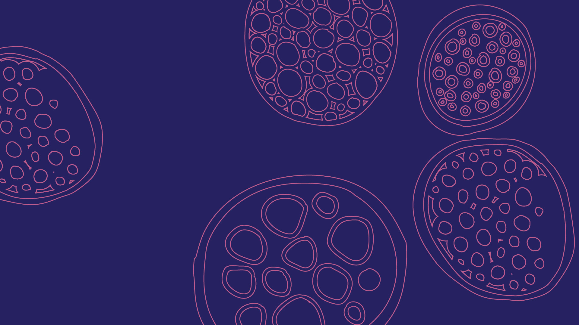 Decorative pattern of circular shapes with intricate geometric designs on a deep purple background