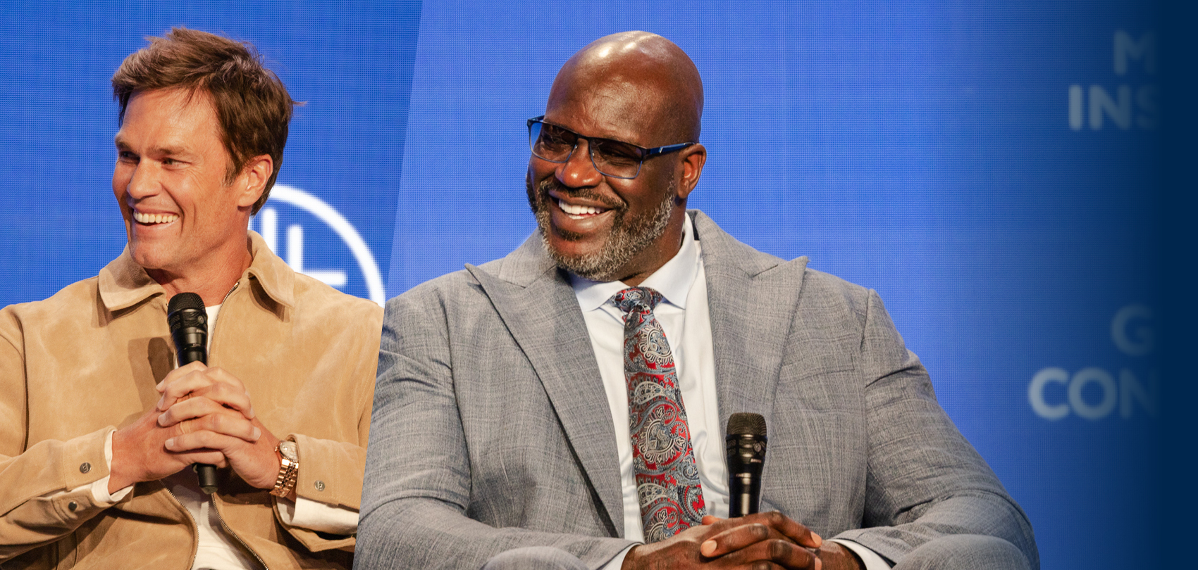Tom Brady and Shaq at a Milken Institute panel discussion, one gesturing while holding a microphone