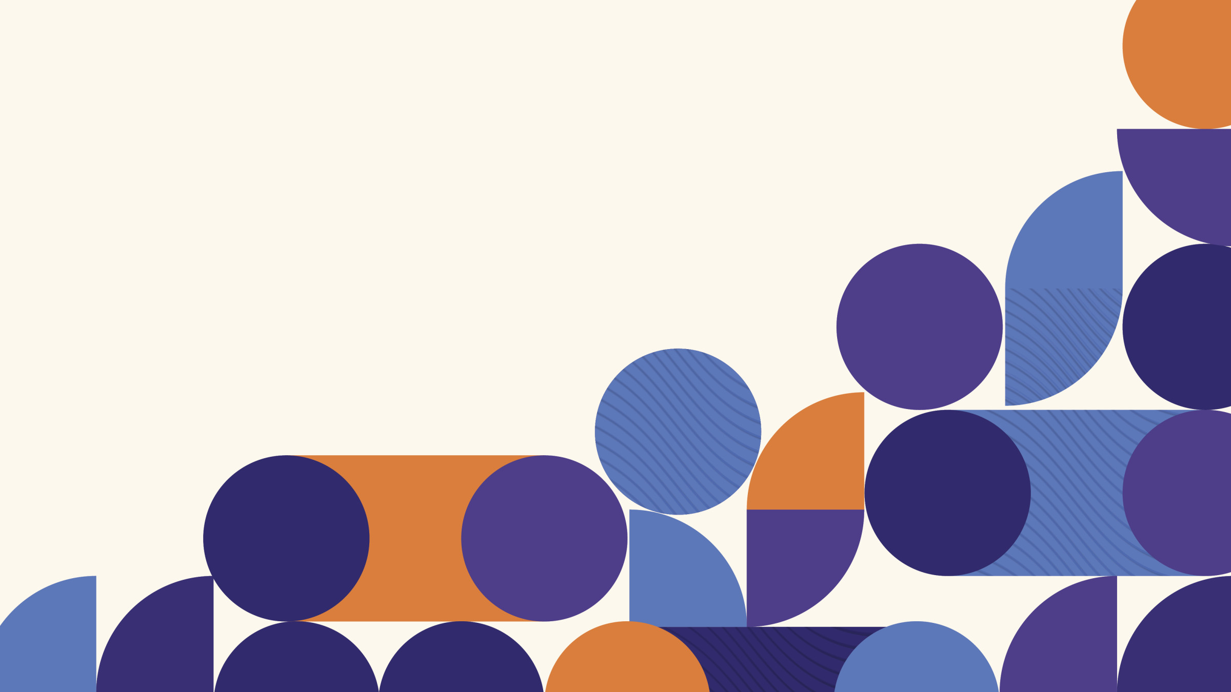 Abstract geometric pattern with overlapping blue and orange circles and semicircles on beige background