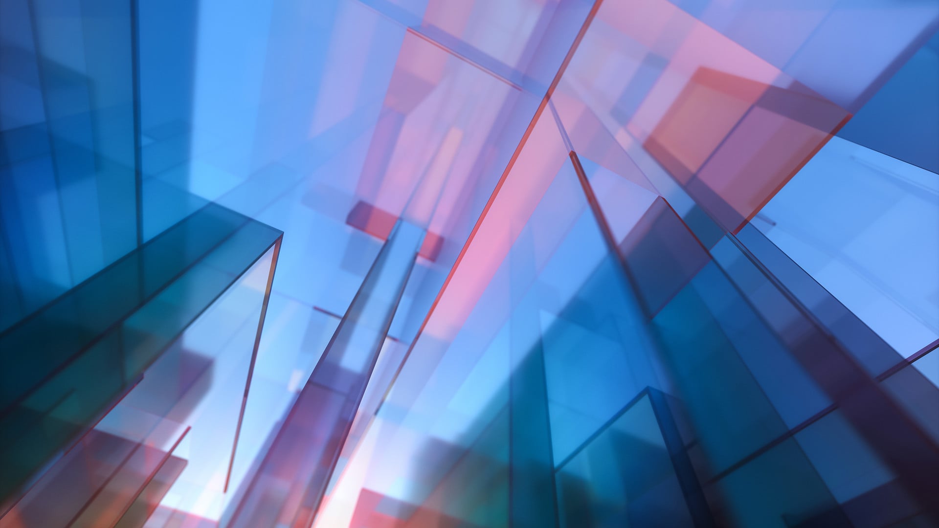 Abstract geometric composition with overlapping translucent blue, pink, and teal angular shapes creating a dynamic urban skyline effect