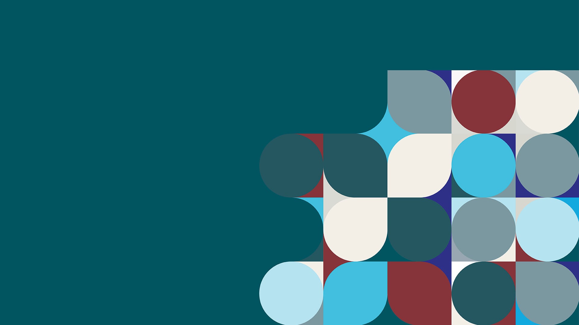 Abstract geometric pattern with overlapping circles in teal, blue, burgundy, and white on dark teal background