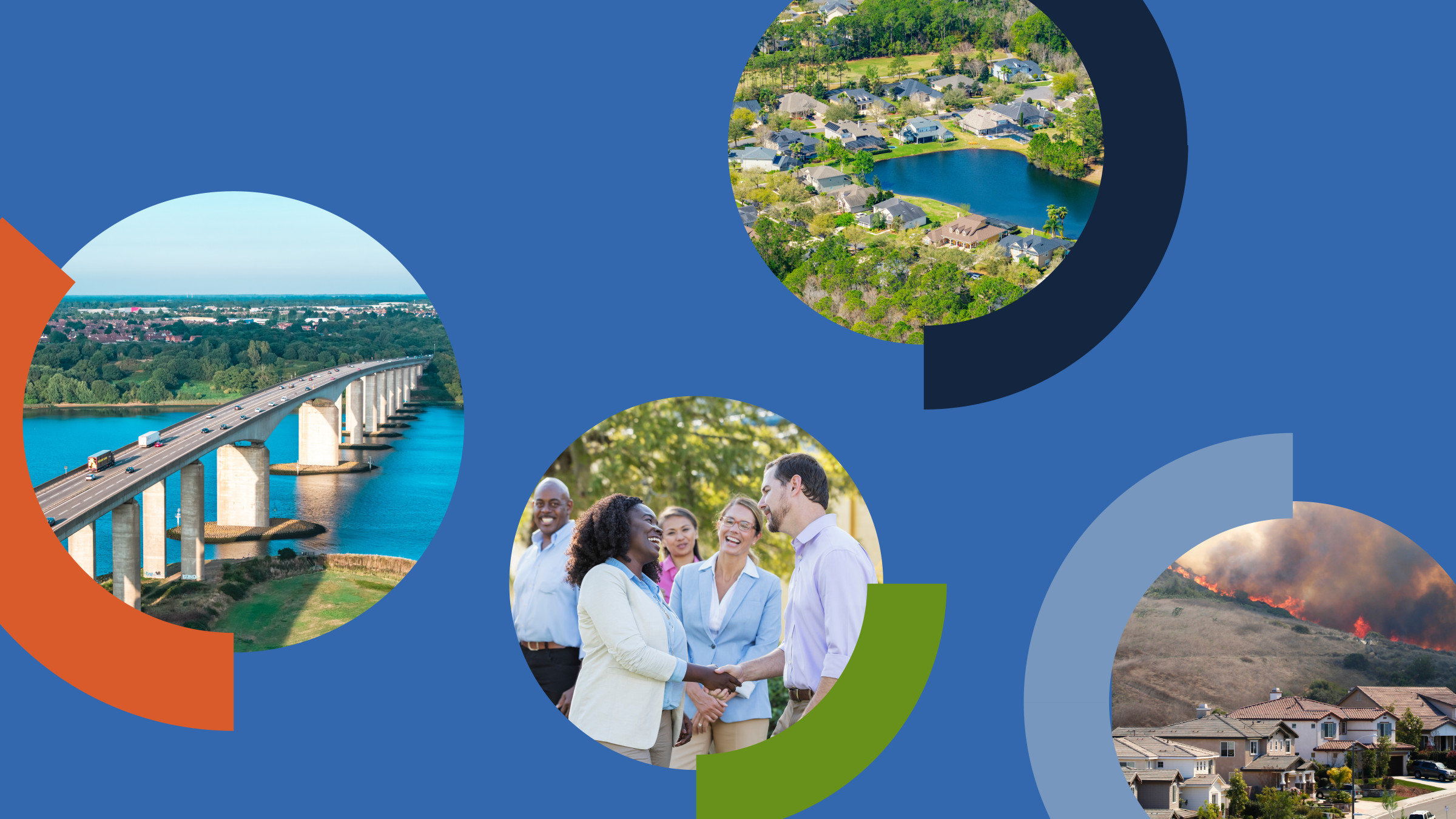 Five circular photos showing various travel destinations on a blue background