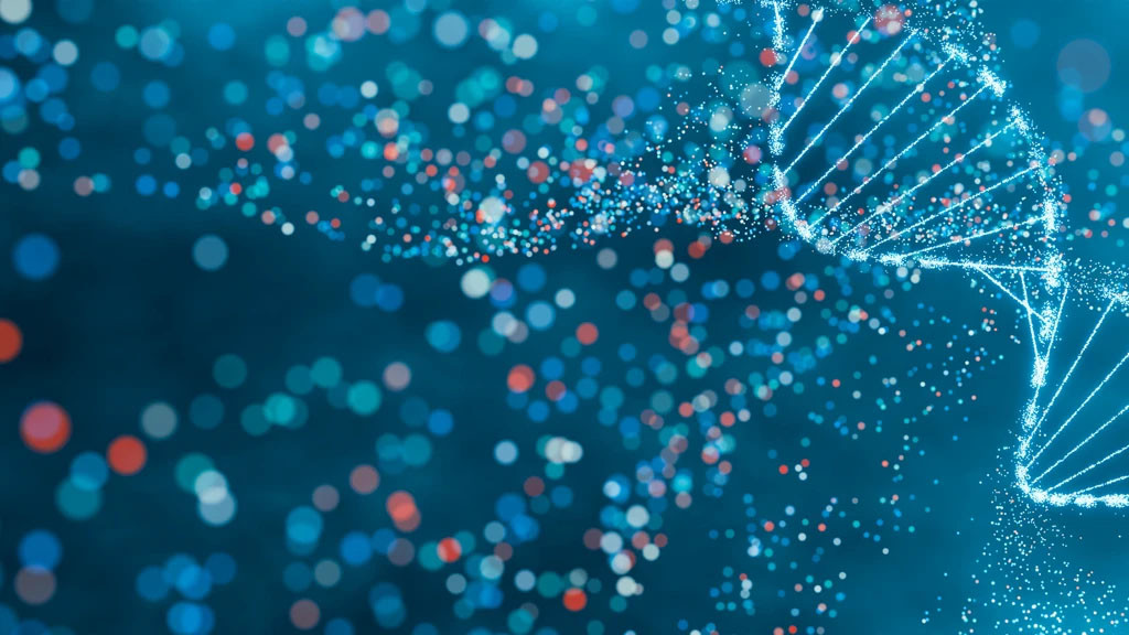 Digital network of glowing blue and white particles forming a connected web pattern