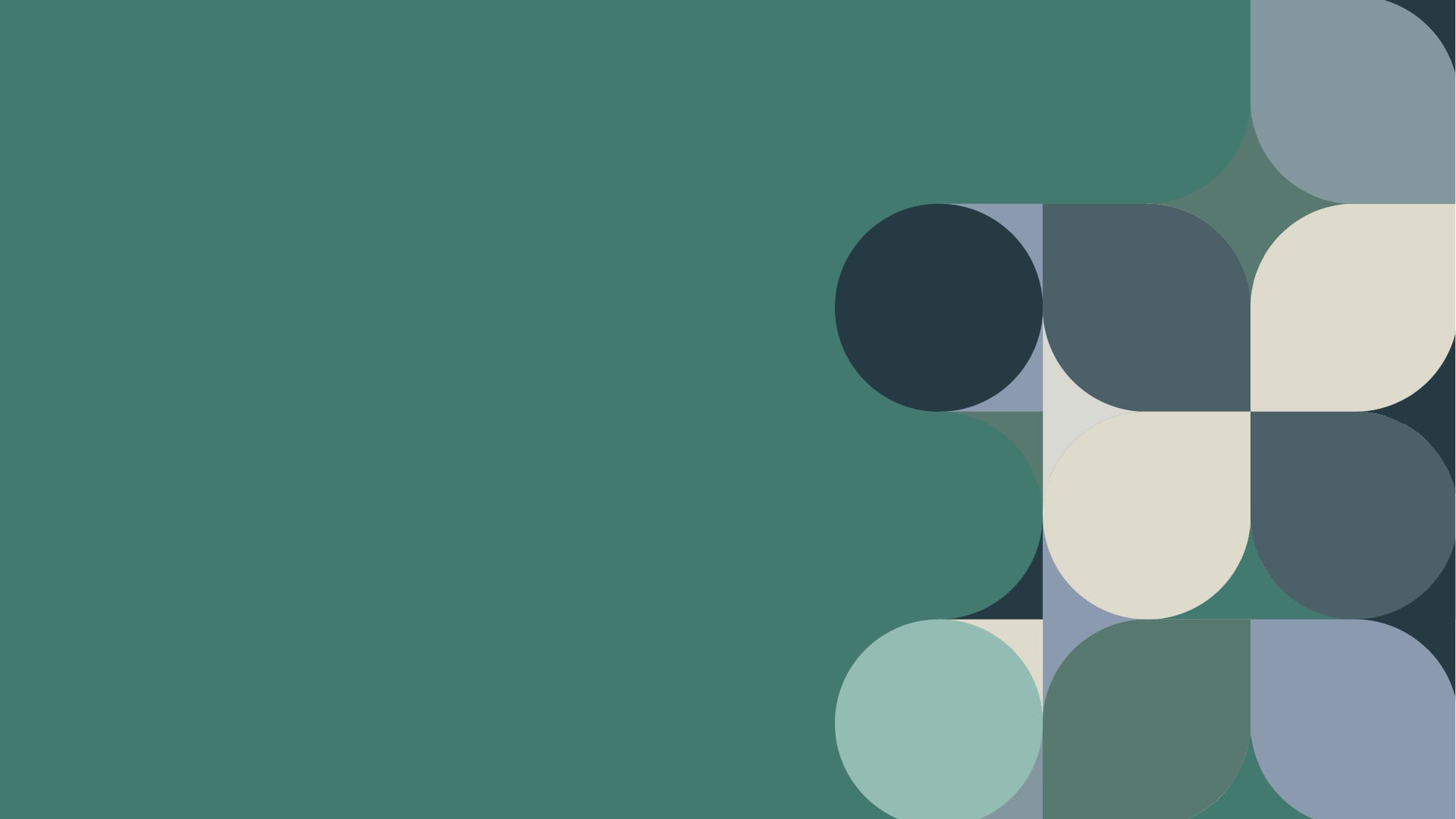Abstract geometric composition with overlapping circles and rounded shapes in teal, cream, and muted tones