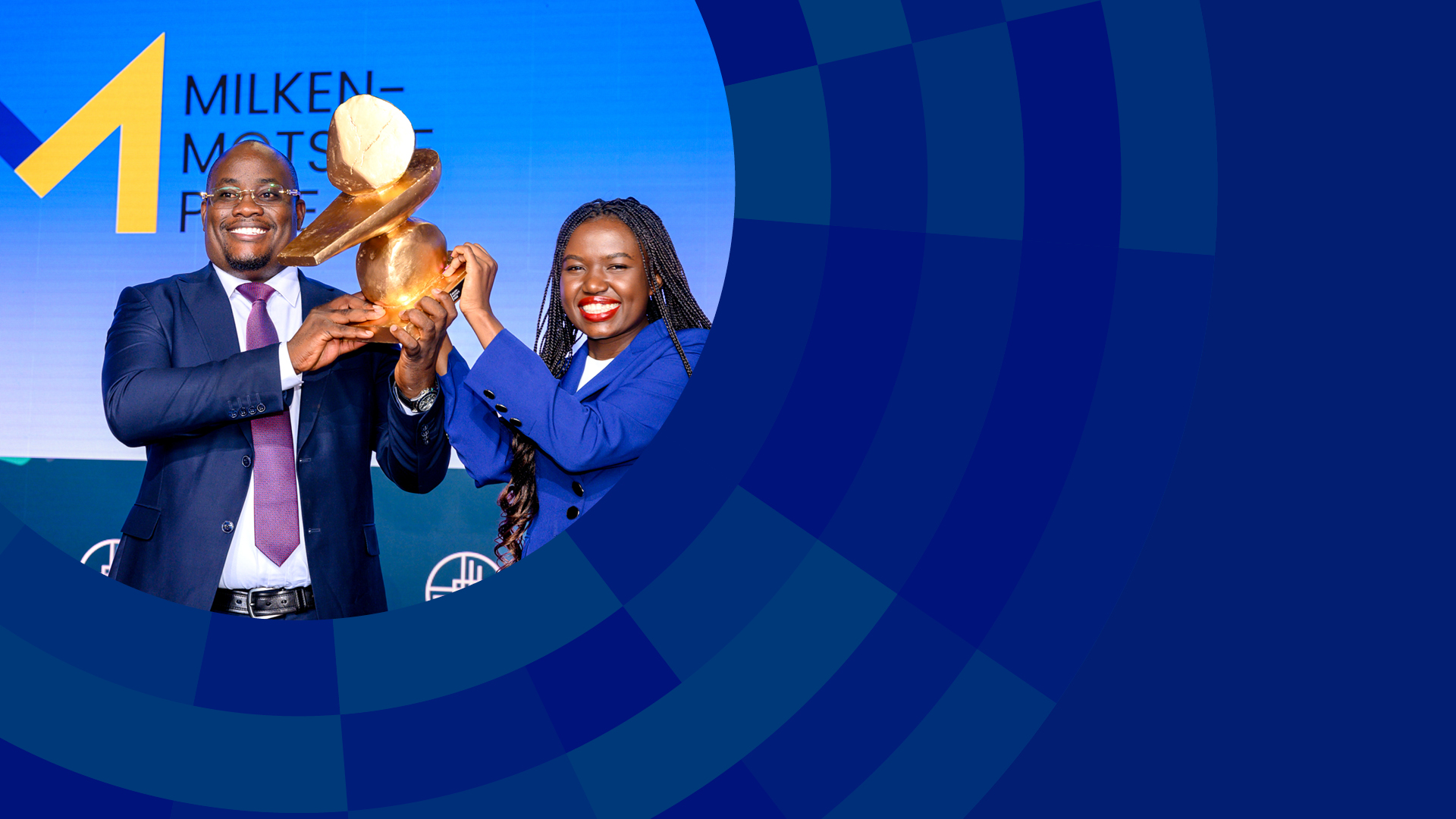Milken-Motsepe Prize Winners holding megaphones against a blue gradient background with geometric shapes