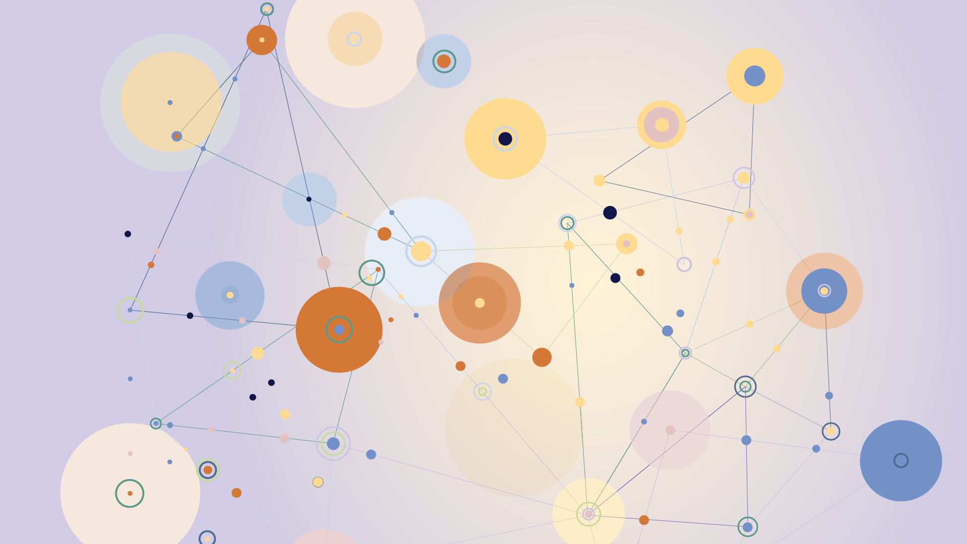 Abstract network diagram with colorful circles connected by dotted lines on purple gradient