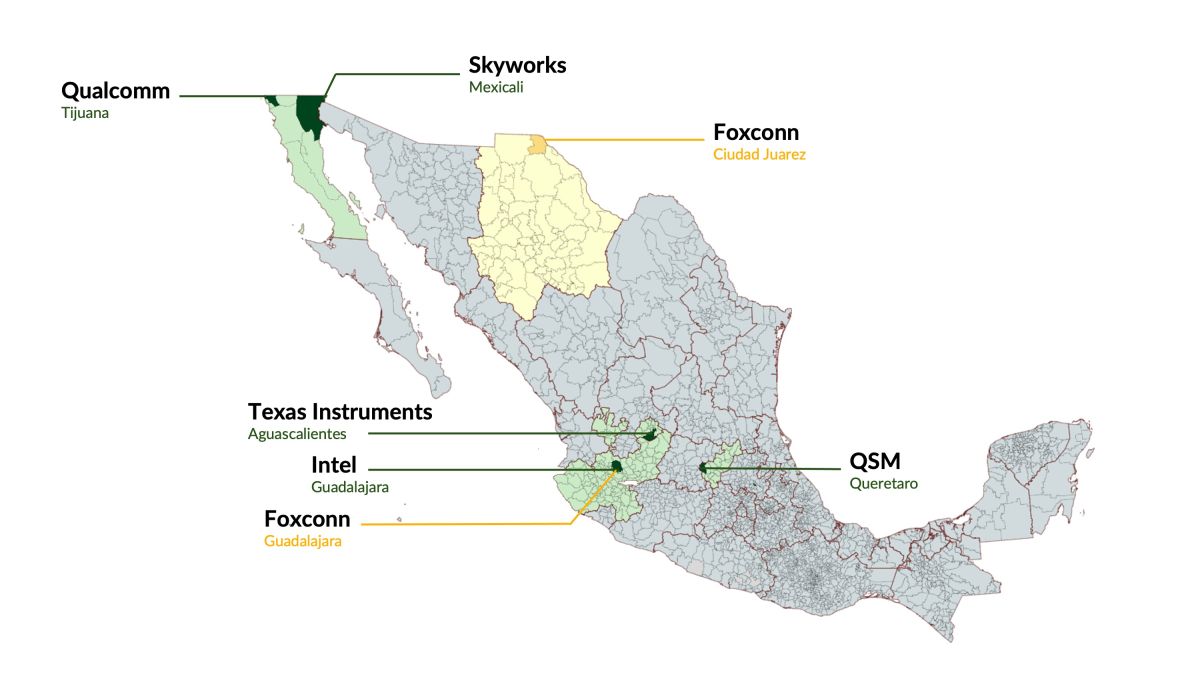 A map that depicts Semiconductor Manufacturing in Mexico.