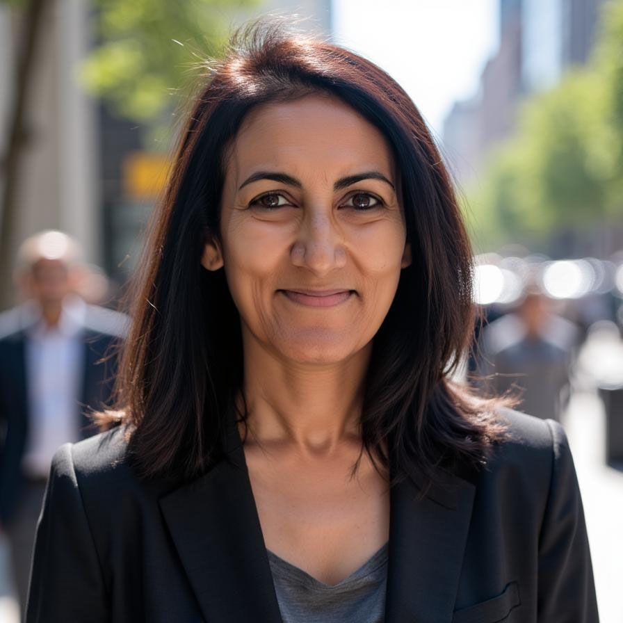 A woman with medium-length dark hair and a warm smile, wearing a black blazer over a gray top, stands outdoors on a sunny city street with blurred people and trees in the background