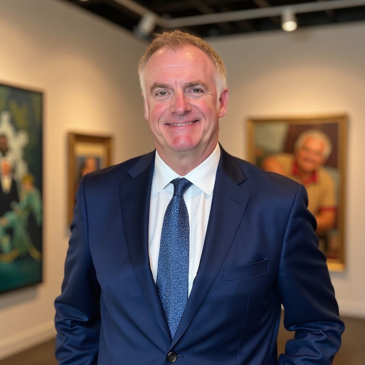 Smiling man in navy suit and blue tie standing in an art gallery