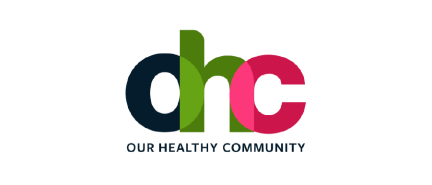 DHC Our Health Community logo with green, navy and pink letters