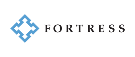 Fortress logo with blue geometric diamond icon and black text