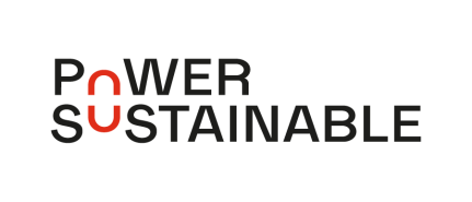 Logo with text "POWER SUSTAINABLE" where the letters O and U are colored red