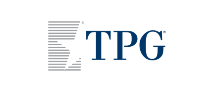 TPG company logo in dark blue letters with horizontal lines forming abstract shape on left