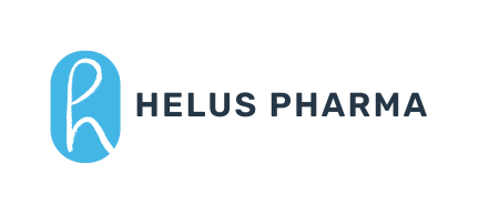 Helus Pharma logo with stylized blue figure and black text