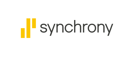 Synchrony logo with yellow vertical bars and black text