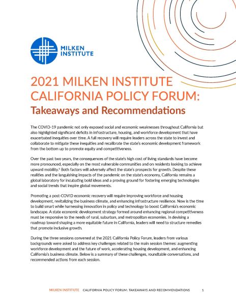 2021 Milken Institute California Policy Forum: Takeaways and Recommendations