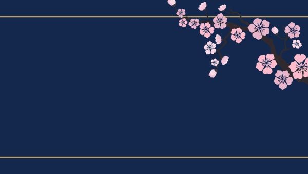 Dark blue background with cherry blossom on the right-hand side