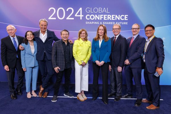 Left to right: Paul Irving, senior advisor, Future of Aging, Milken Institute; Diane Ty, managing director, Future of Aging, Milken Institute; Dan Buettner, founder, Blue Zones, LLC; Peter Diamandis, founder and executive chairman, XPRIZE; moderator Allison Aubrey, health correspondent, NPR News; Kristen Fortney, co-founder and CEO, BioAge Labs; Lloyd Minor, dean, Stanford University School of Medicine and vice president for medical affairs, Stanford University; James Bethell, former minister and member, Th