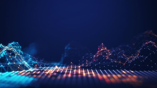 An abstract image used for The Milken Institute's FinTech in Focus newsletter. The image has a dark blue background and pink and blue connected dots and lines.