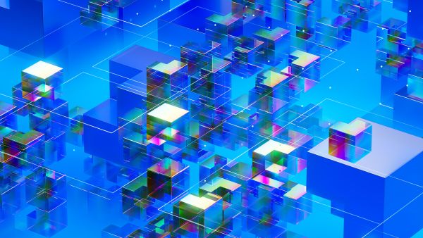 A blue background with various three-dimensional cubes and squares of differing colors with a "glitch"-like appearance, an abstract header image for a Milken Institute FinTech in Focus Newsletter about Stablecoins.
