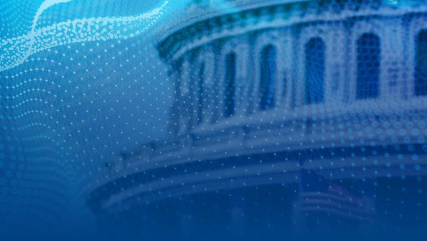 A header image for a FinTech In Focus newsletter article of a circular building with old-style architecture and a blue color and white waves overlaying the image.