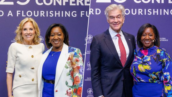 two side by side images of Esther Krofah of the Milken Institute standing with two different notable speakers from the Milken Institute's Global Conference 2025, one of which is Jill Biden.