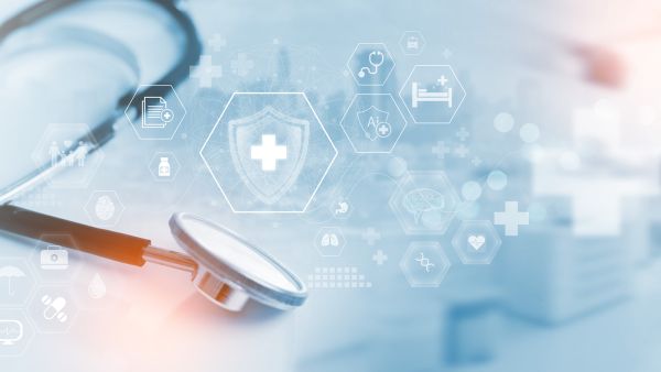 An abstract image of a stethoscope against a light blue background with various white icons of medical symbols.