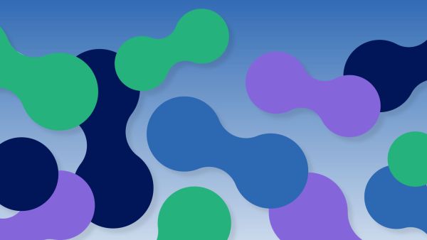 An abstract graphic of various blob like shapes of green, dark blue, light blue, and purple against a blue gradient background.
