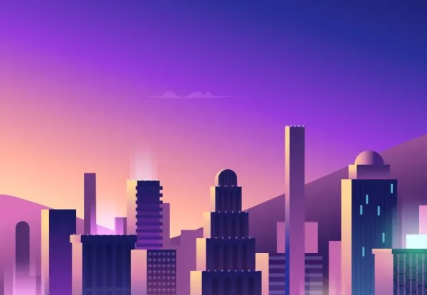 Illustration of a modern city skyline at sunset with purple, pink, and orange hues. Stylized high-rise buildings are set against distant mountains under a glowing sky.