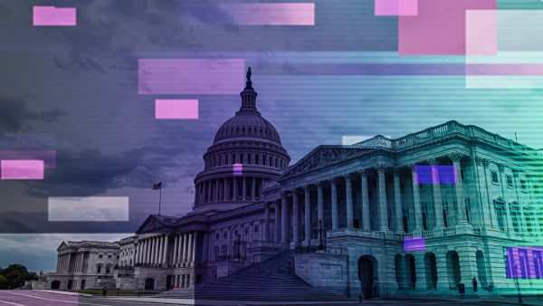 A digitally stylized image of the U.S. Capitol building under a moody sky, overlaid with abstract blocks in shades of purple, teal, and pink. The visual represents the intersection of government, technology, and finance, created for a Milken Institute FinTech in Focus article.