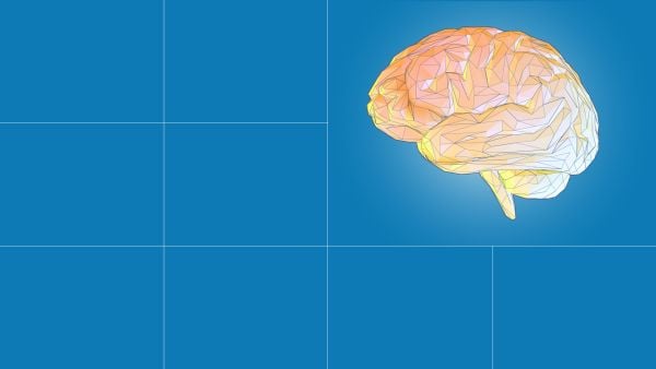 A graphic of a blue grid background and a brain in the right-hand corner, leading to an article about dementia care.