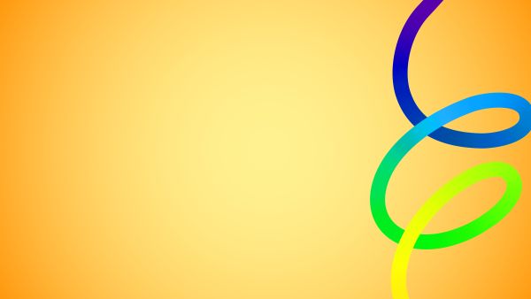 Abstract background with a warm orange-to-yellow gradient and three overlapping ribbon-like loops in gradient colors—purple to blue, blue to green, and green to yellow—curving along the right side