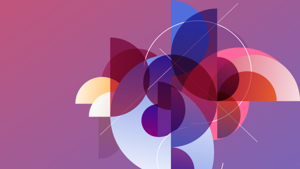 Abstract geometric digital artwork with overlapping circles, semi-circles, and rectangles in shades of purple, blue, pink, orange, and red. White diagonal lines and arcs intersect through the composition, creating a layered, modern design against a gradient purple background.