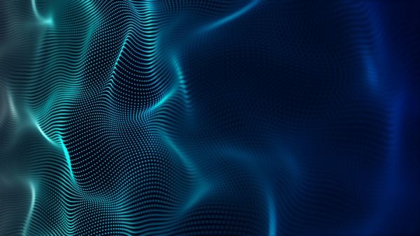 Abstract digital background with flowing turquoise dots and wave-like grid patterns on a dark blue surface, creating a sense of depth and motion.