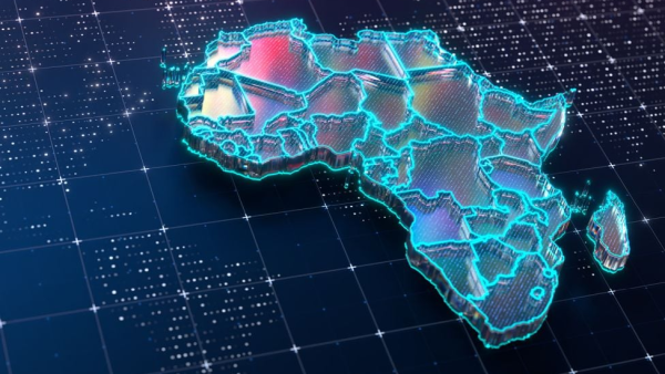Digital 3D map of Africa glowing with neon blue borders and grid lines, symbolizing technology, innovation, and connectivity across the continent.