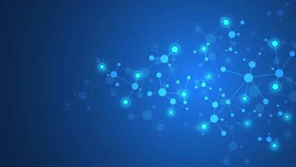 Abstract blue dots connected by blue lines illustrating the transfer of information.