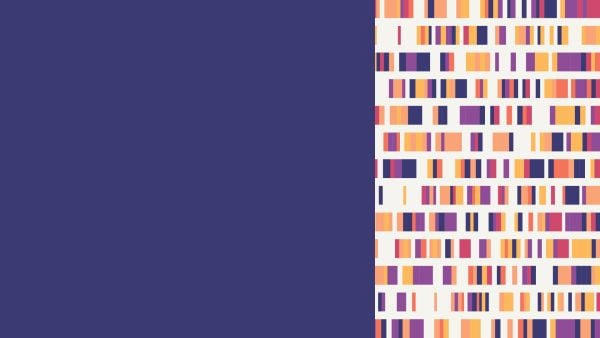 Abstract graphic with a deep indigo field on the left and a vertical panel of multicolored rectangular bars on the right, arranged in rows, suggesting data patterns or genetic variation.