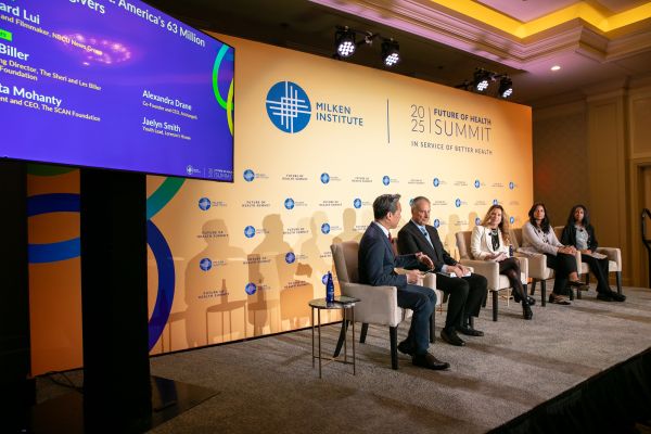 Five panelists sit on a stage during the Milken Institute 2025 Future of Health Summit.