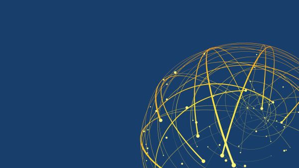 A stylized digital globe composed of interconnected golden lines and nodes over a deep blue background, suggesting global connectivity and data networks.