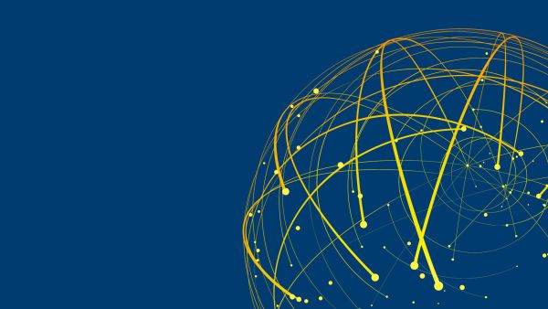 A stylized, minimalist illustration of a globe on a dark blue background.