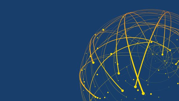 A stylized digital globe composed of glowing yellow interconnecting lines and dots against a solid dark blue background.
