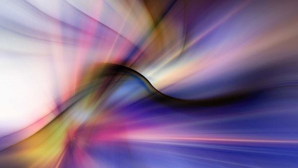 Abstract digital art featuring swirling, multi-colored light trails in shades of purple, blue, gold, and pink.