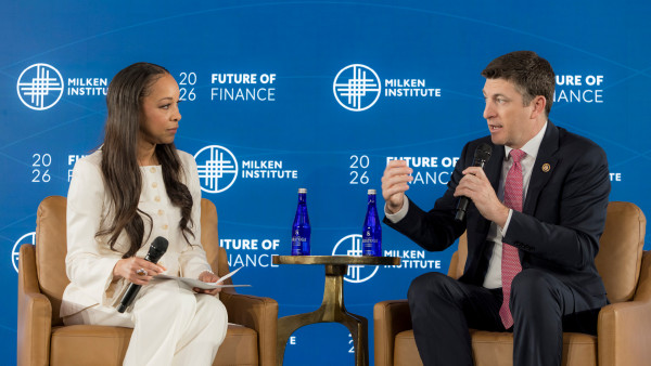 Two speakers speaking at the Milken Institute's Future of Finance 2026.